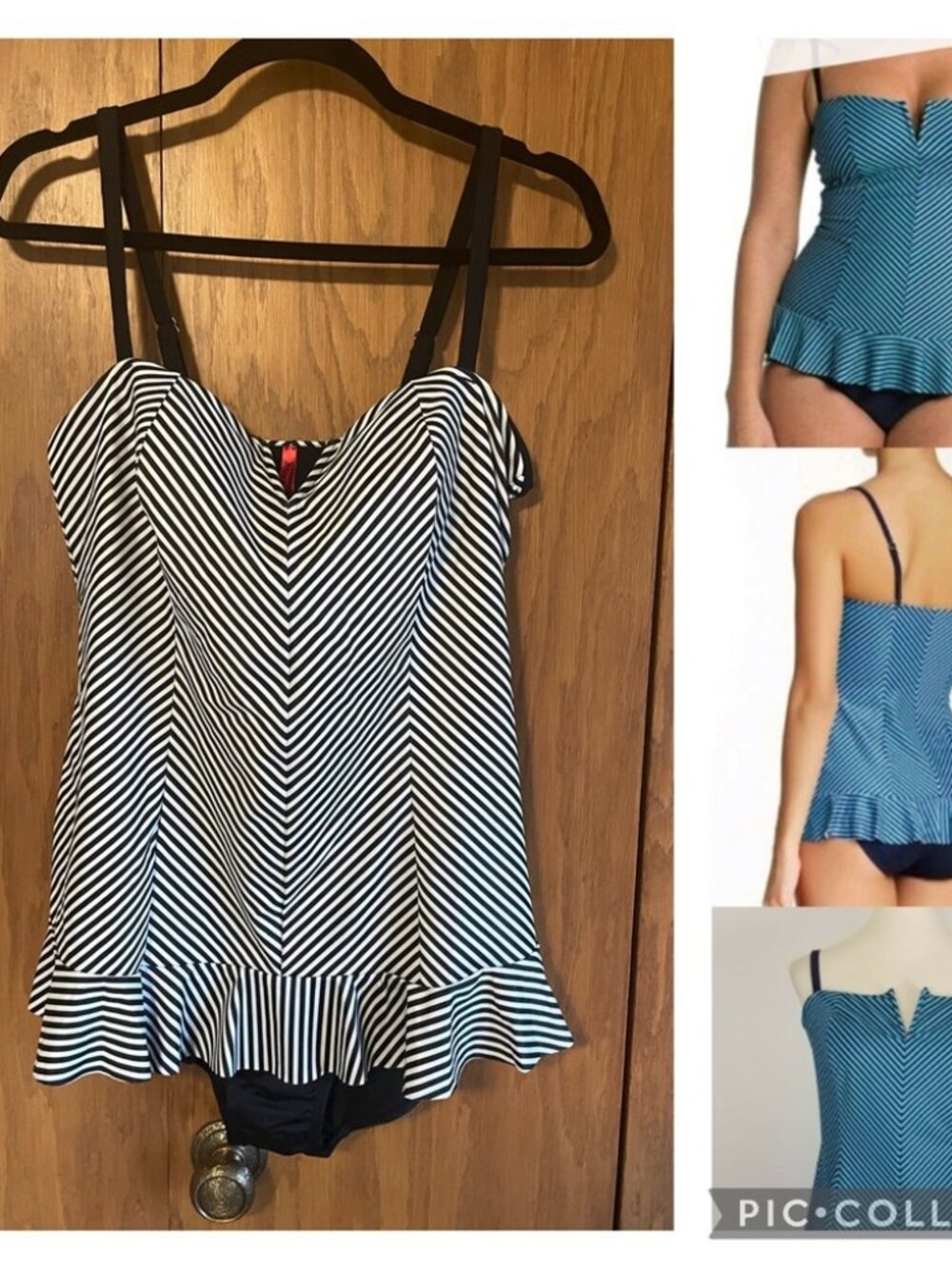 SPANX Black & White Striped Peplum One-Piece Swimsuit